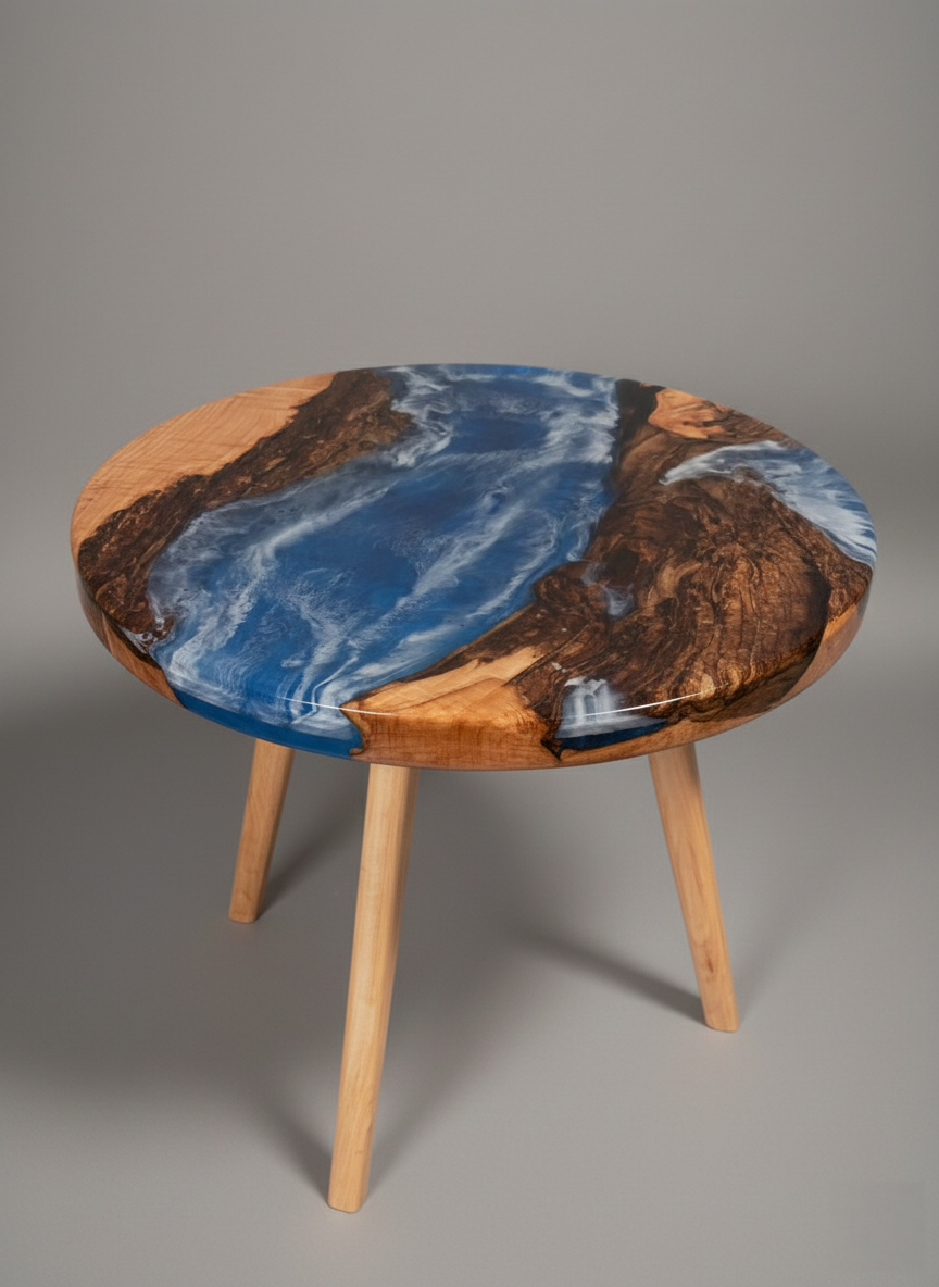 Birch live edge epoxy river side table handmade in Wakefield, RI