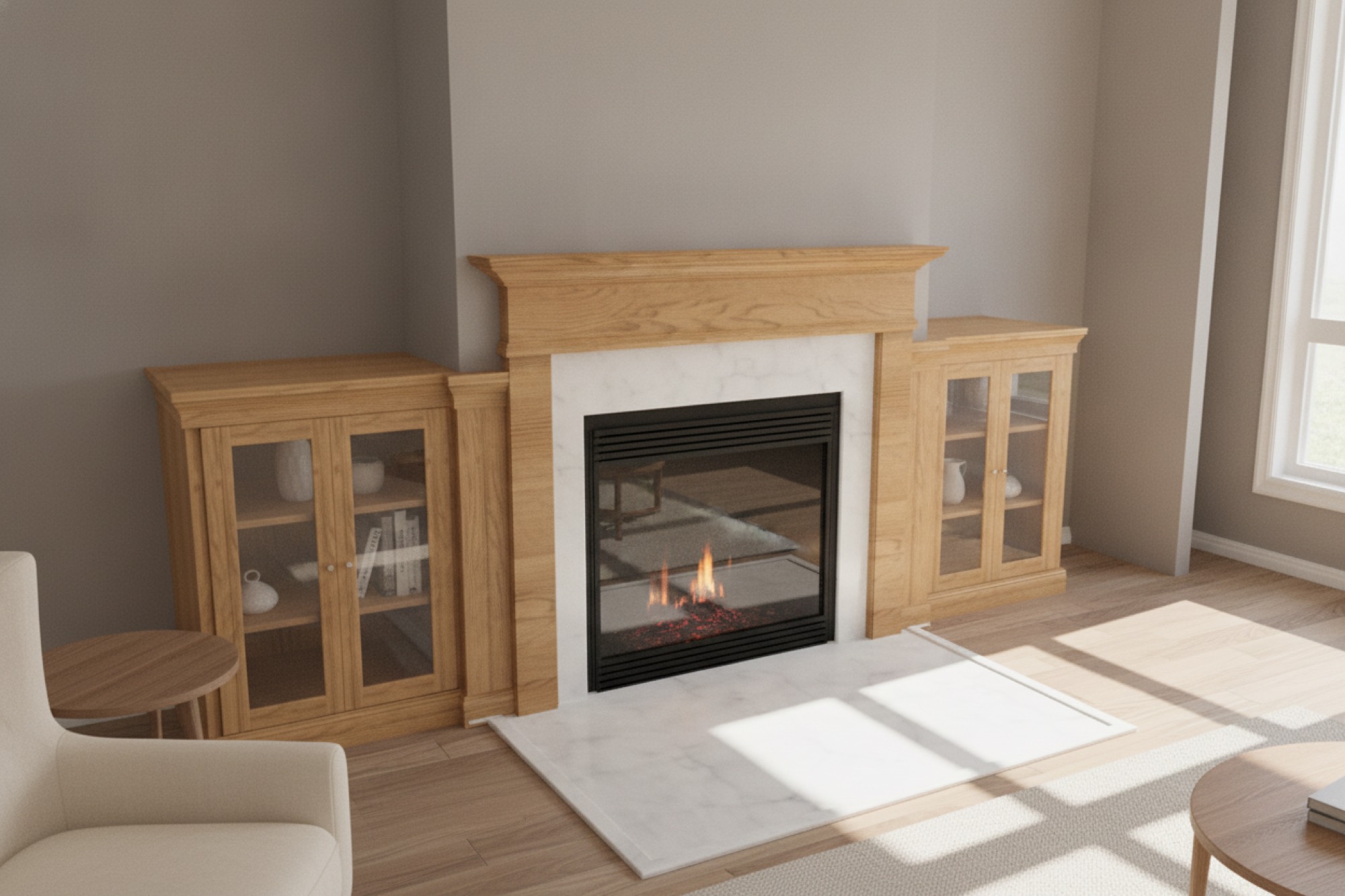 3D model of the Narragansett fireplace built-ins showing glass-front oak cabinets on both sides of the fireplace