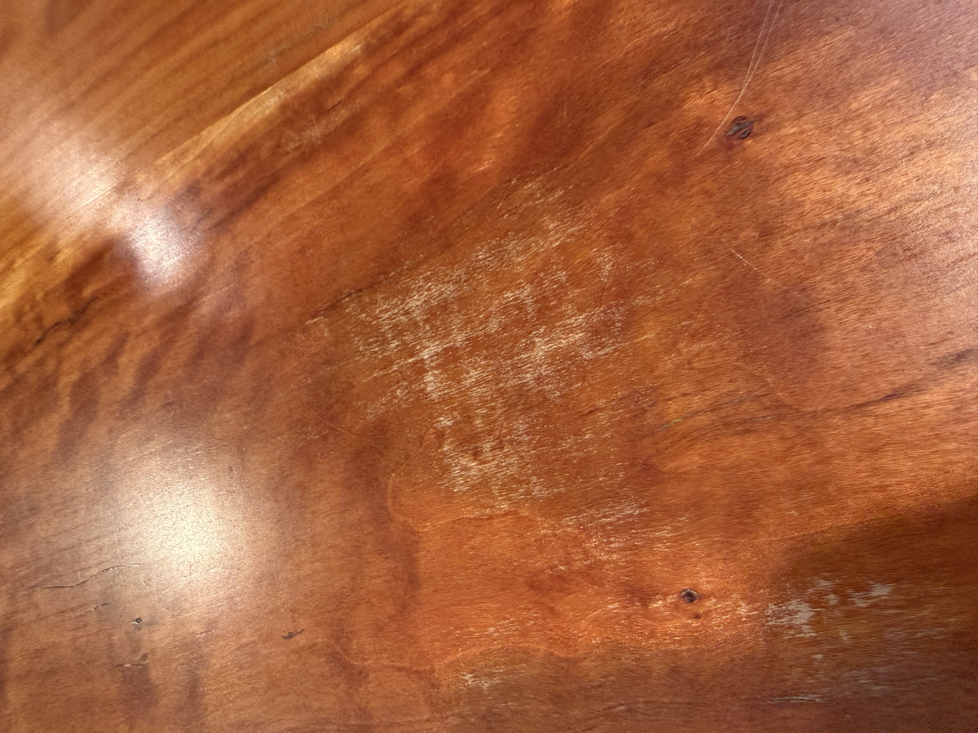 Close-up of white, cloudy worn patches in the finish of a hardwood dining tabletop