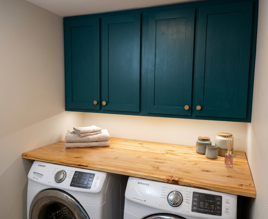 Custom laundry room cabinets with a wall-to-wall countertop in Wakefield, RI