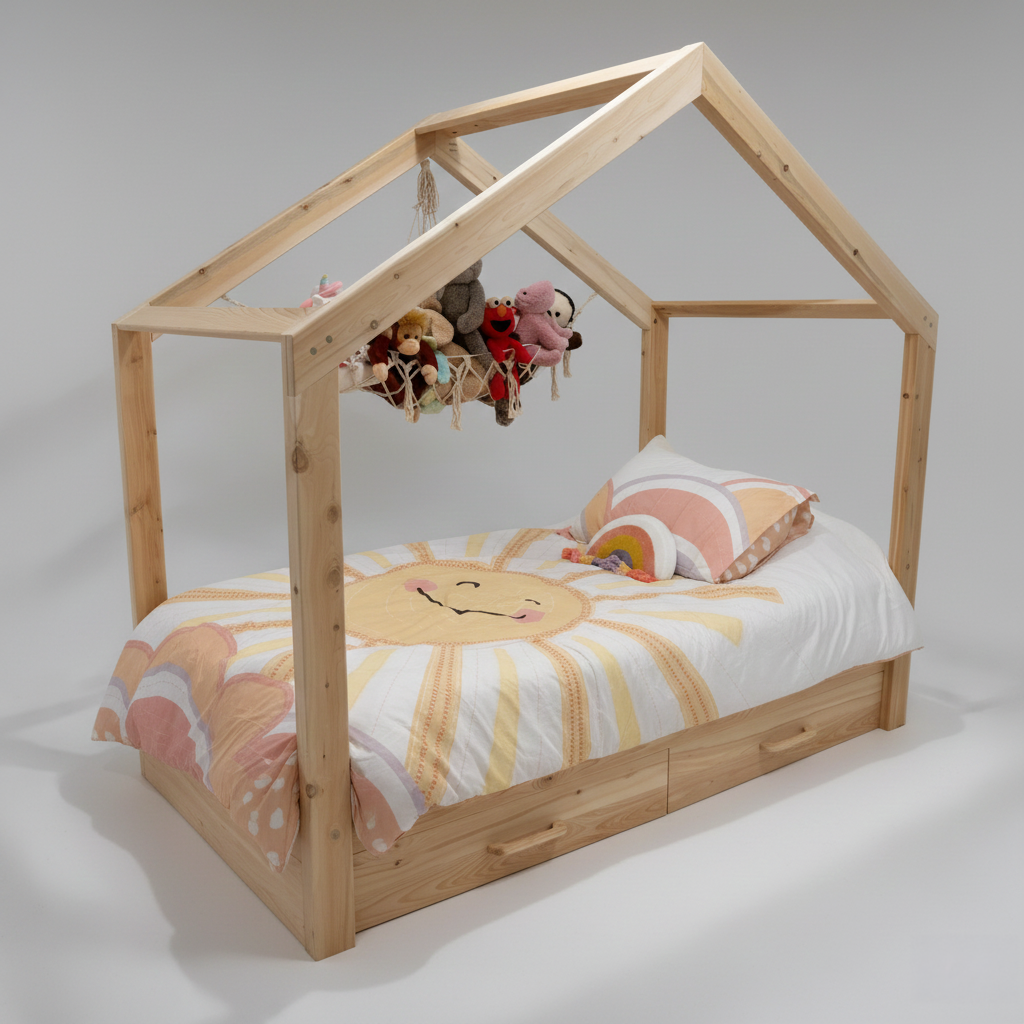Custom spruce canopy bed with built-in under-bed storage drawers in Charlestown, RI