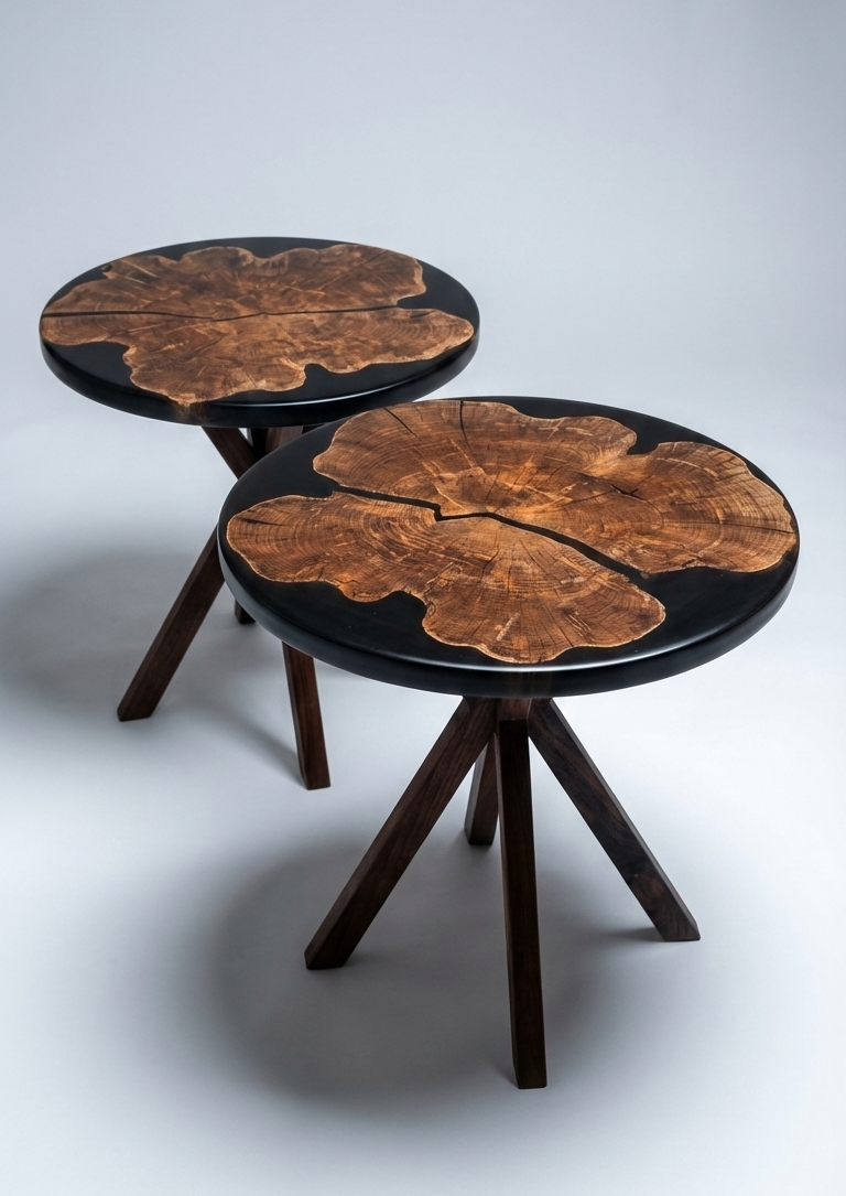 Pair of black walnut and epoxy live edge side tables with custom walnut legs, South Kingstown, RI